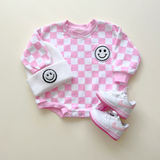 Checkered Smiley Pink Bubble Romper