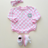 Checkered Smiley Pink Bubble Romper
