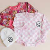 Checkered Smiley Pink Bubble Romper